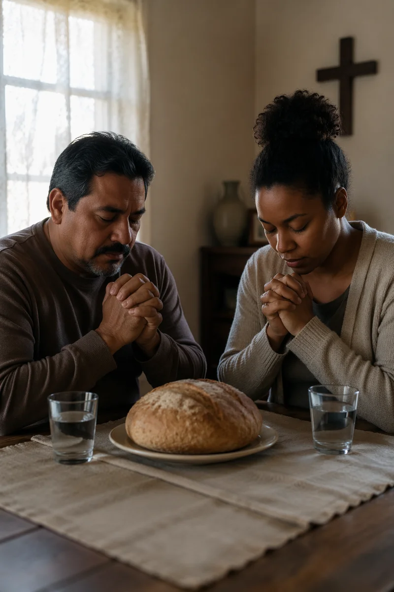 Two People Praying at Simple Table