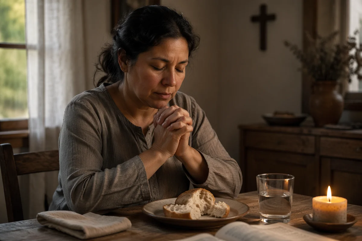 Woman Praying at Simple Evening Meal
