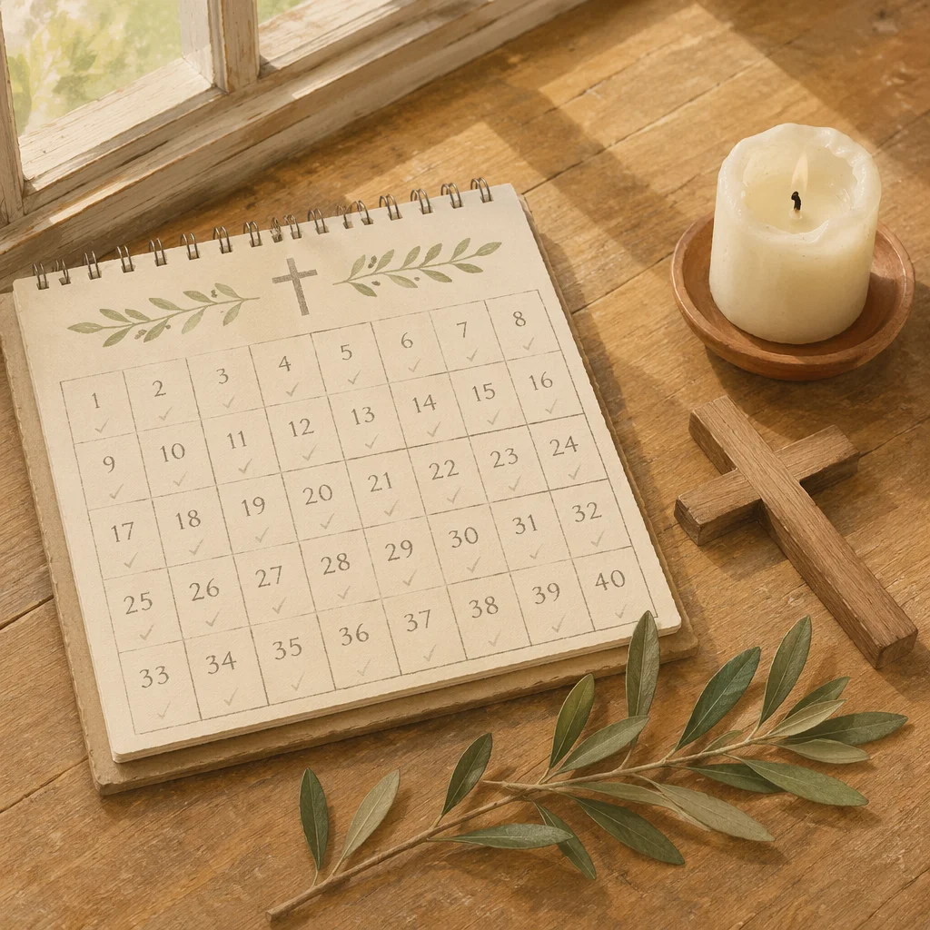 Lent Forty-Day Calendar and Wooden Cross