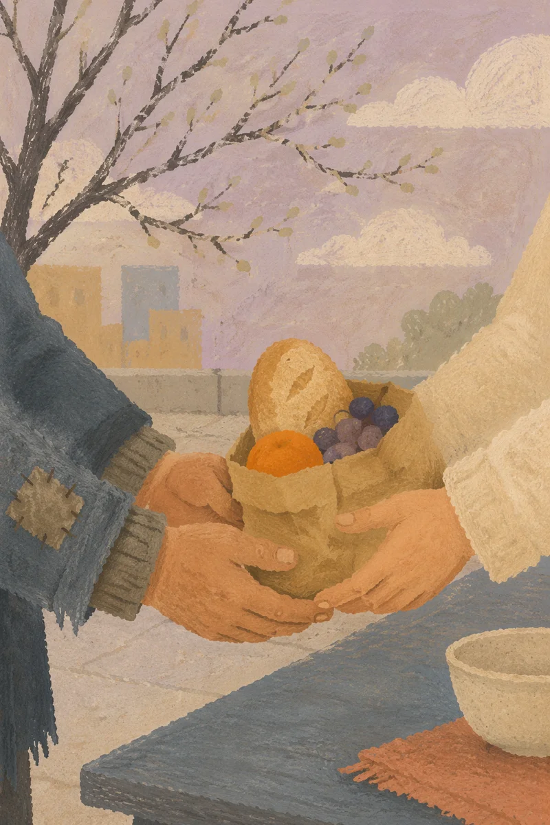 Lenten Almsgiving Hands Sharing Bread Outdoors