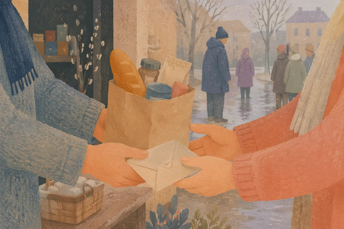 Lenten Almsgiving Hands Offering Simple Groceries