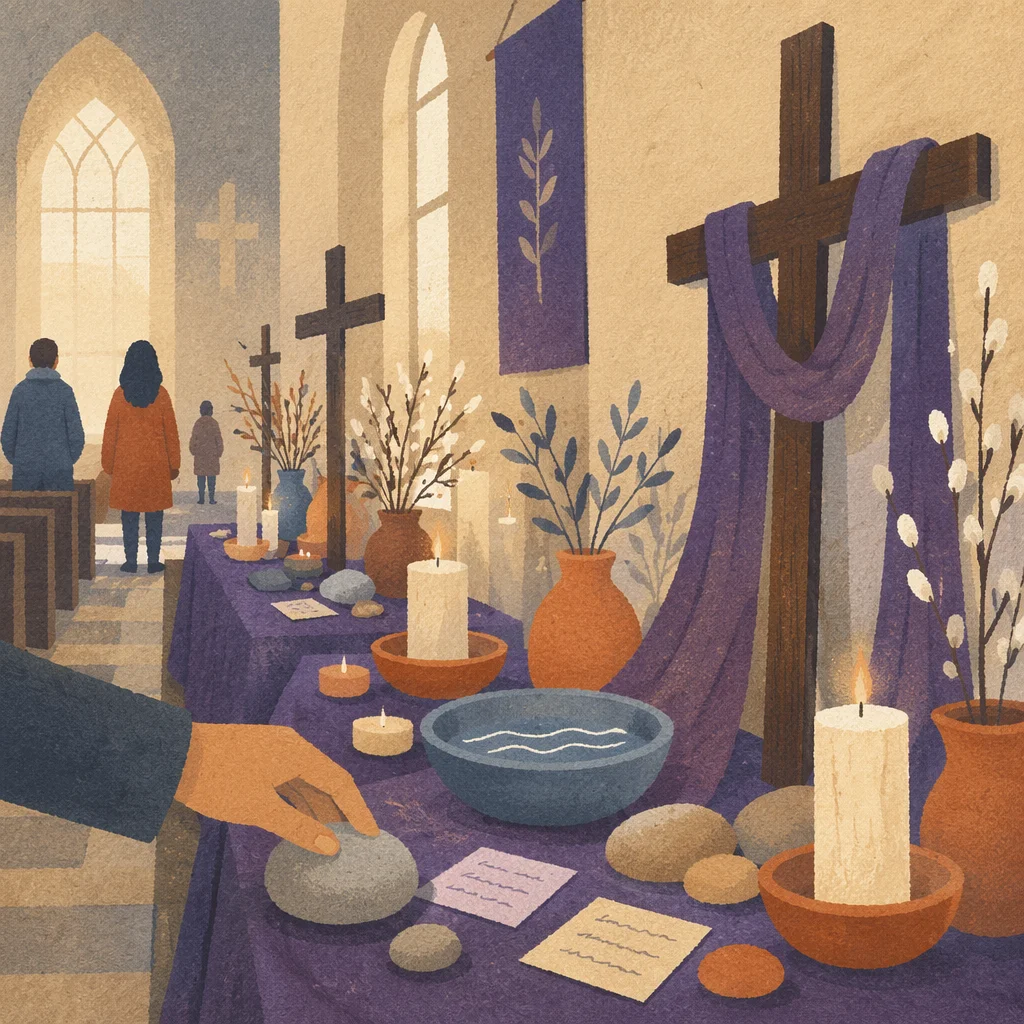 Lent Prayer Stations in Quiet Church Nave