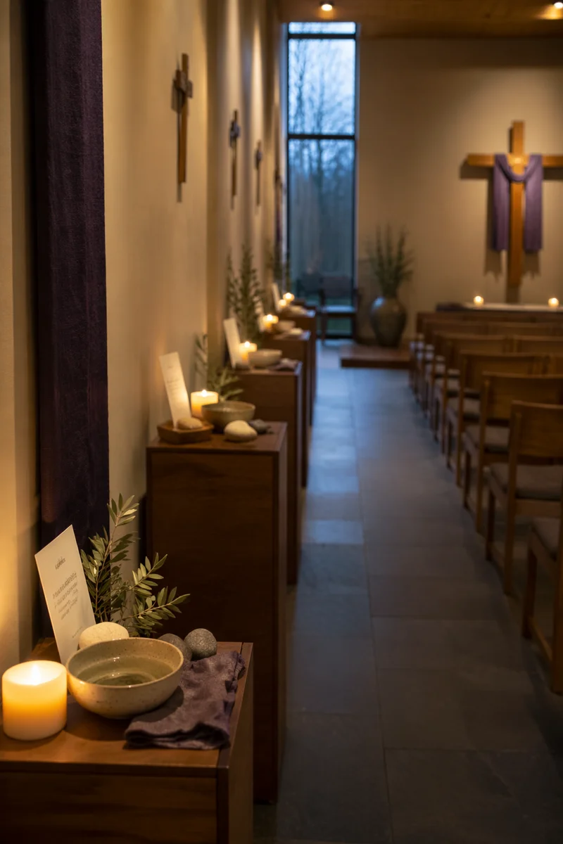 Quiet Church Interior with Prayer Stations