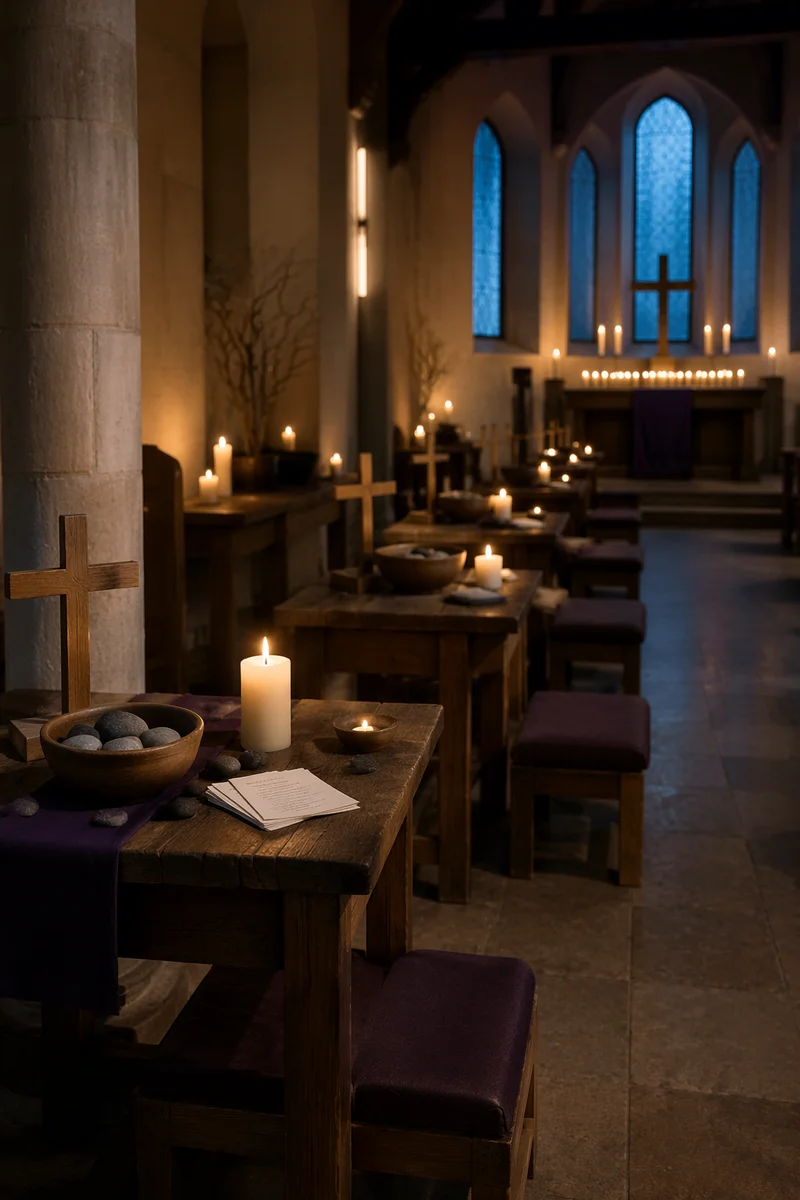 Quiet Church Interior with Prayer Stations