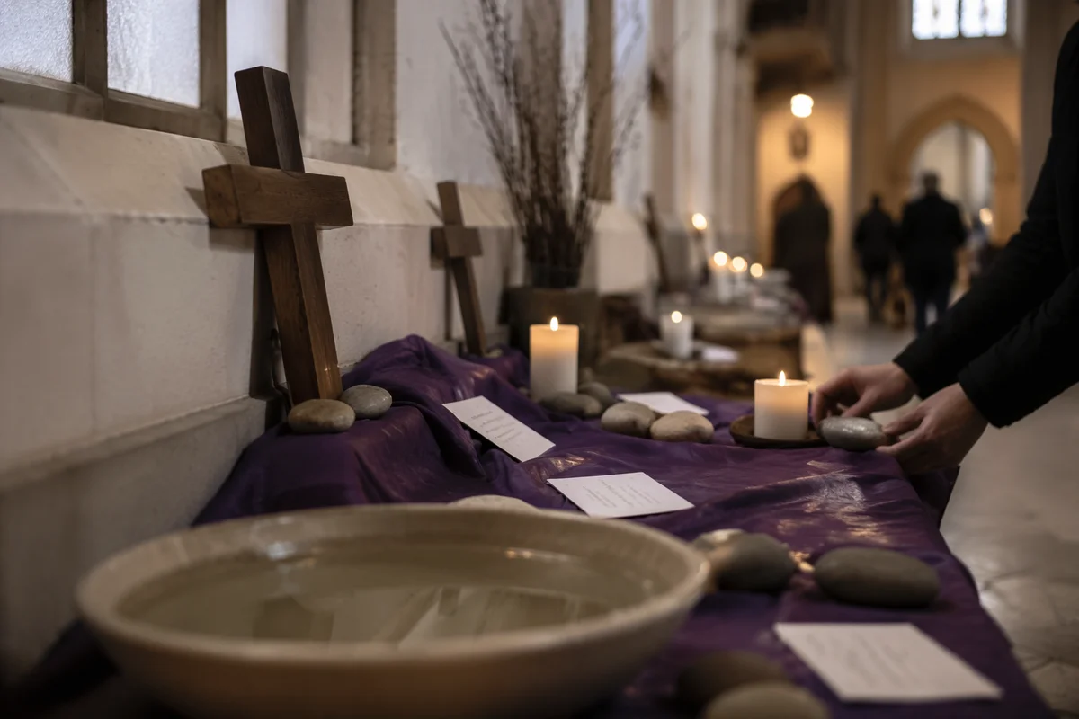 Lent Prayer Stations in Quiet Church Nave