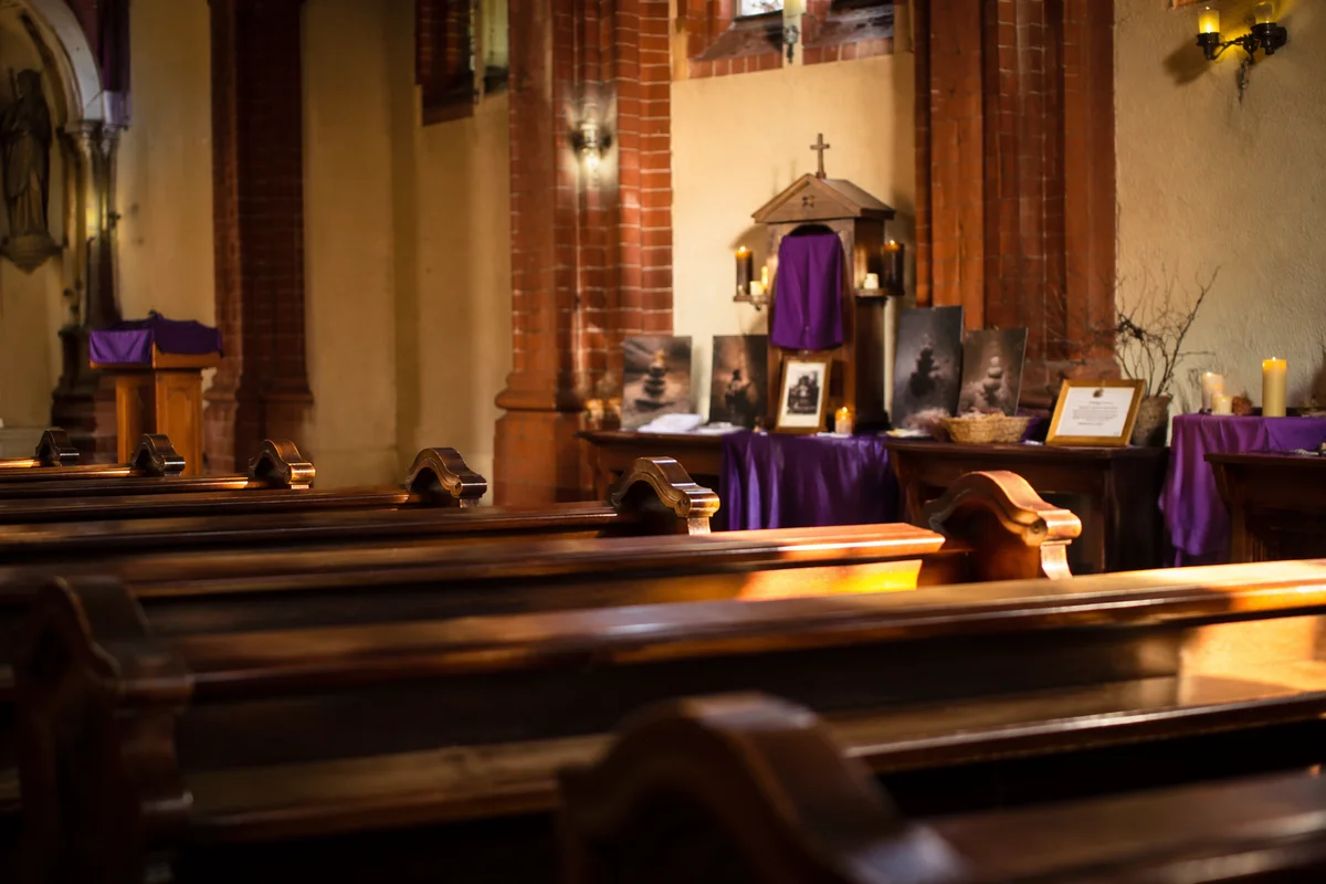 Lent Prayer Stations in Quiet Church Interior