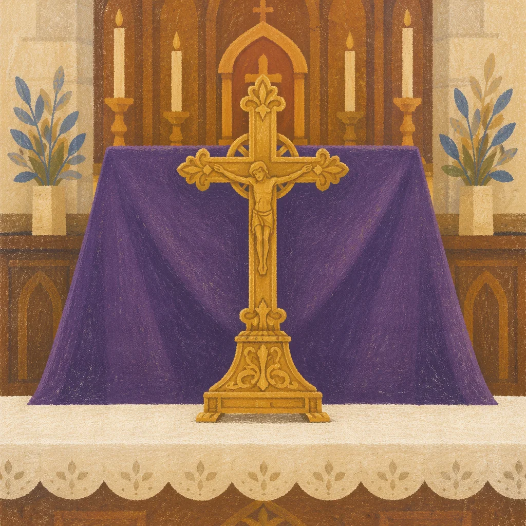 Lenten Gold Crucifix with Purple Drapery