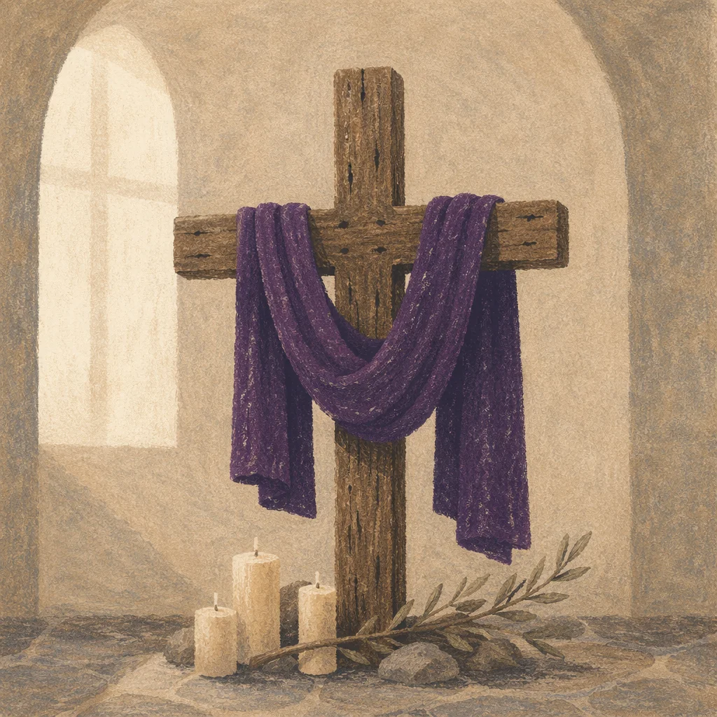 Lenten Cross with Purple Draped Cloth