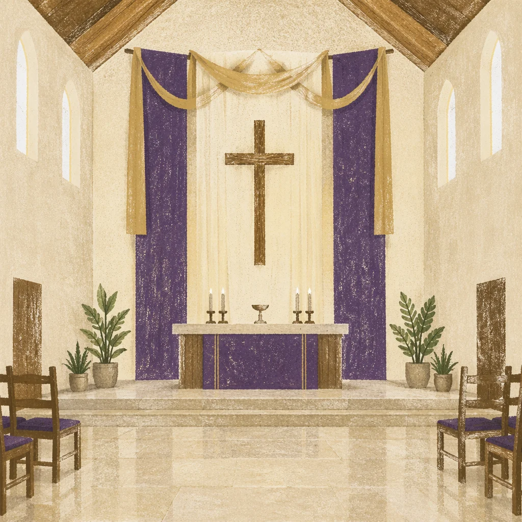 Lenten Sanctuary Cross with Purple Drapery