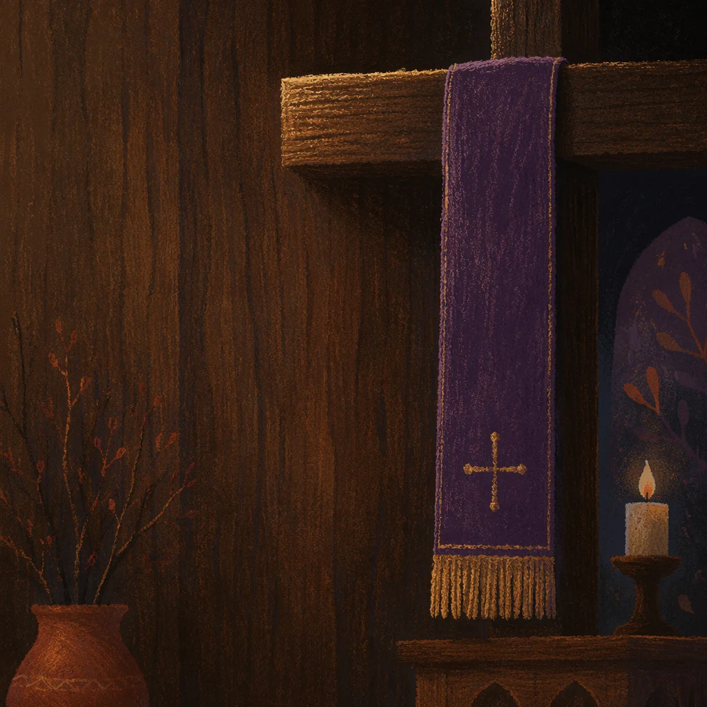 Rustic Lenten Cross with Purple Drapery