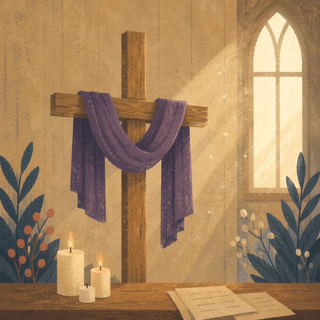 Lenten Cross With Purple Draped Cloth