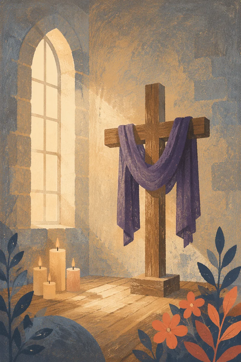 Lenten Cross with Purple Draped Cloth