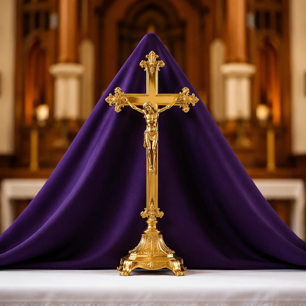 Lenten Gold Crucifix with Purple Draping