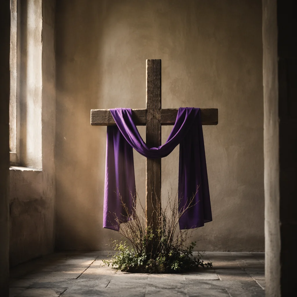 Lenten Wooden Cross with Purple Drape