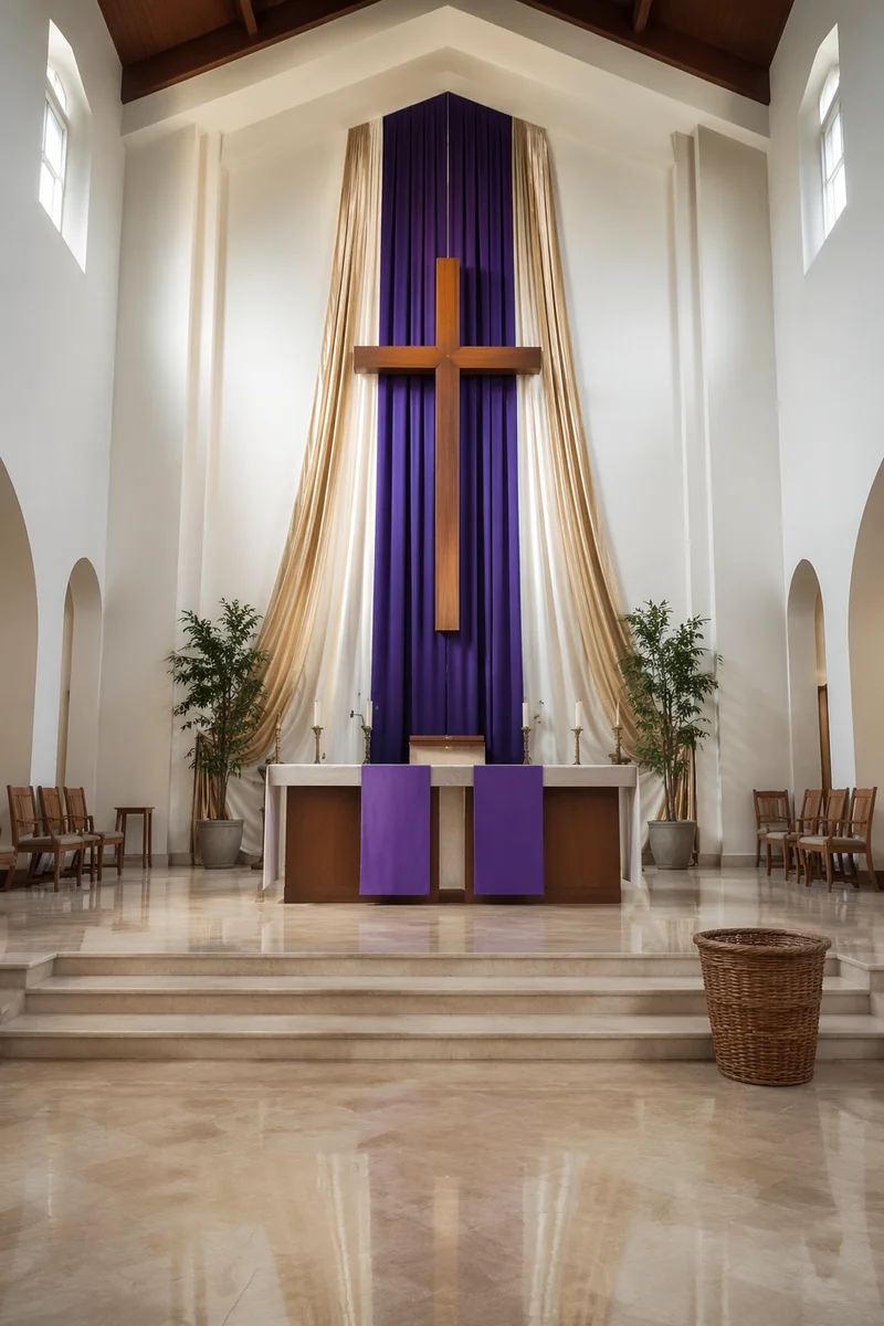 Lenten Sanctuary Cross With Purple Drapery