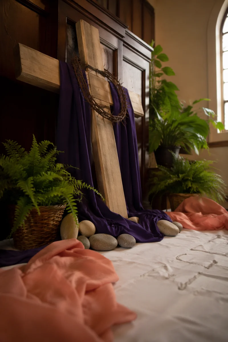 Lenten Cross with Purple Cloth in Chapel