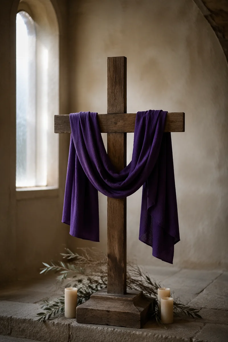 Lenten Cross with Purple Draped Cloth
