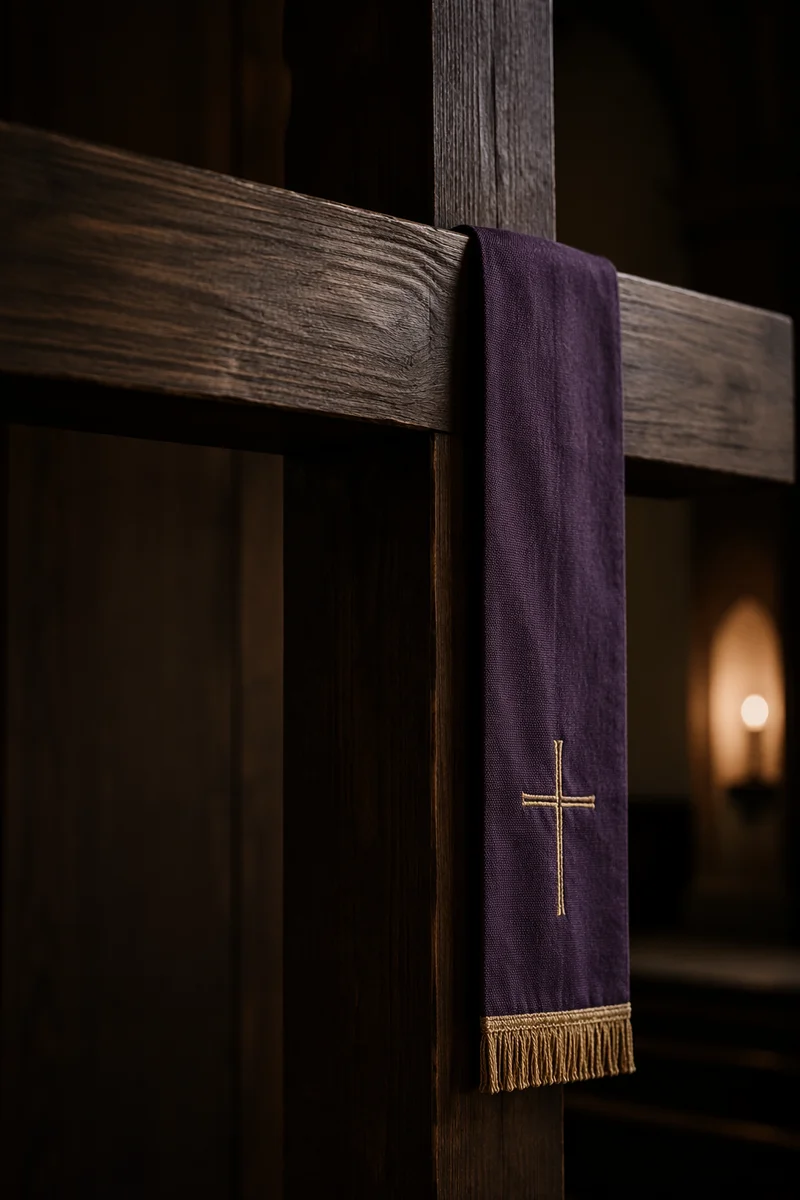 Rustic Wooden Cross with Purple Lenten Cloth