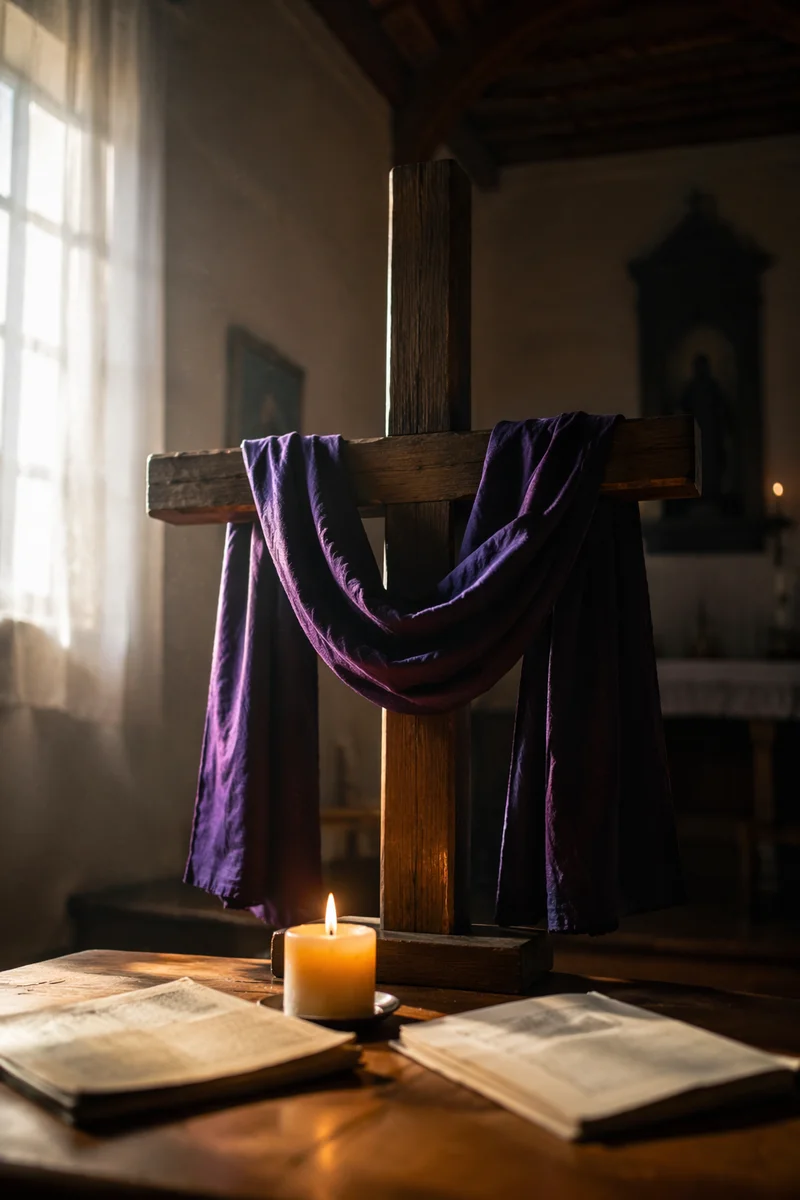 Lenten Cross with Purple Draped Cloth