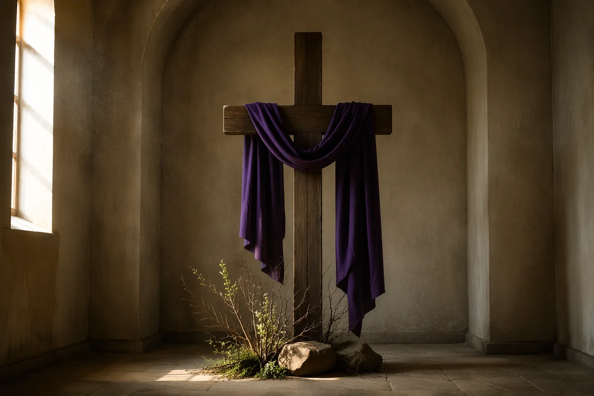 Lenten Wooden Cross with Purple Drape