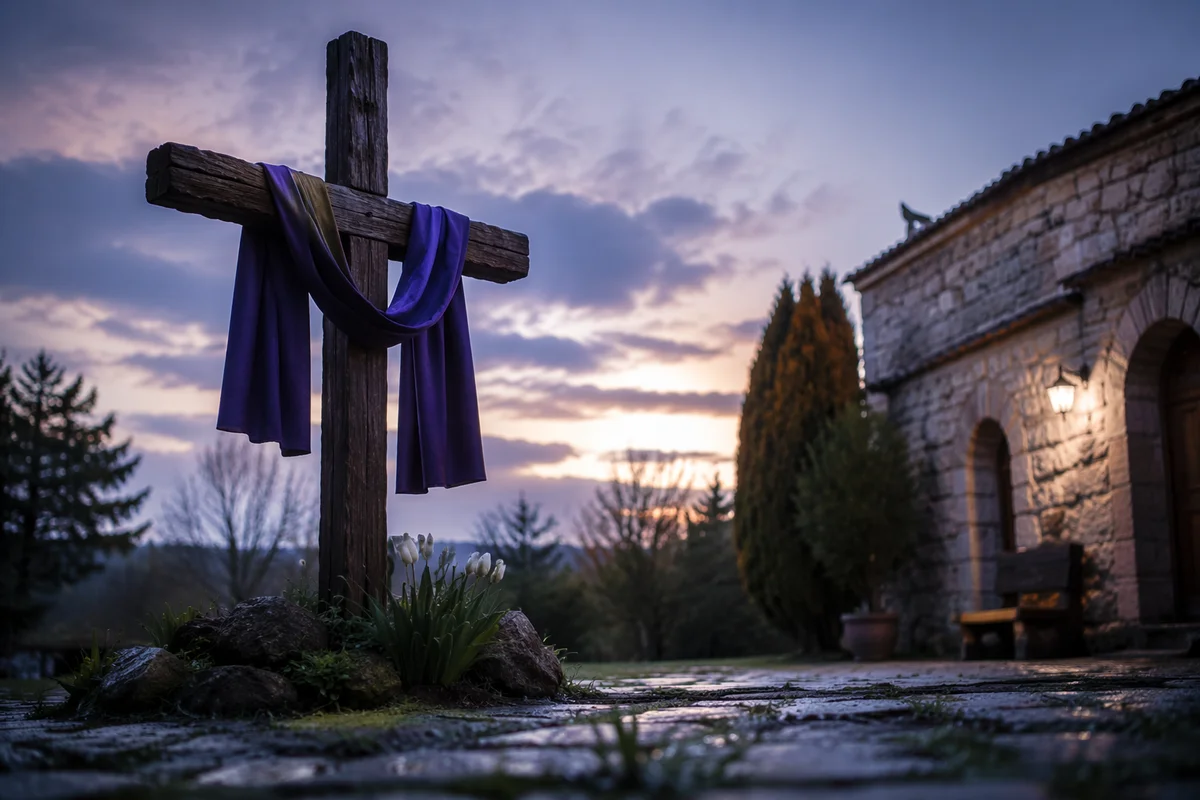 Lenten Cross with Purple Cloth at Dawn
