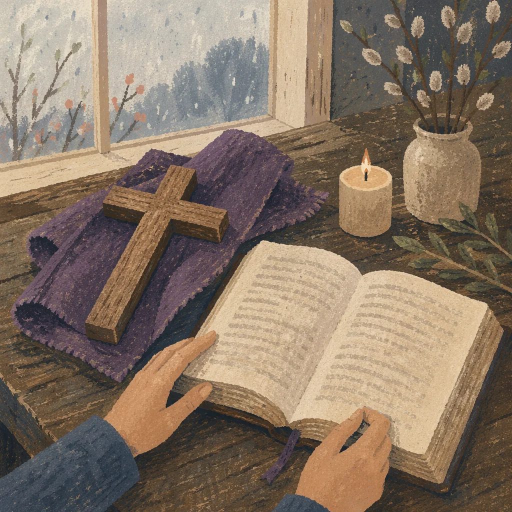 Wooden Cross on Purple Cloth Still Life
