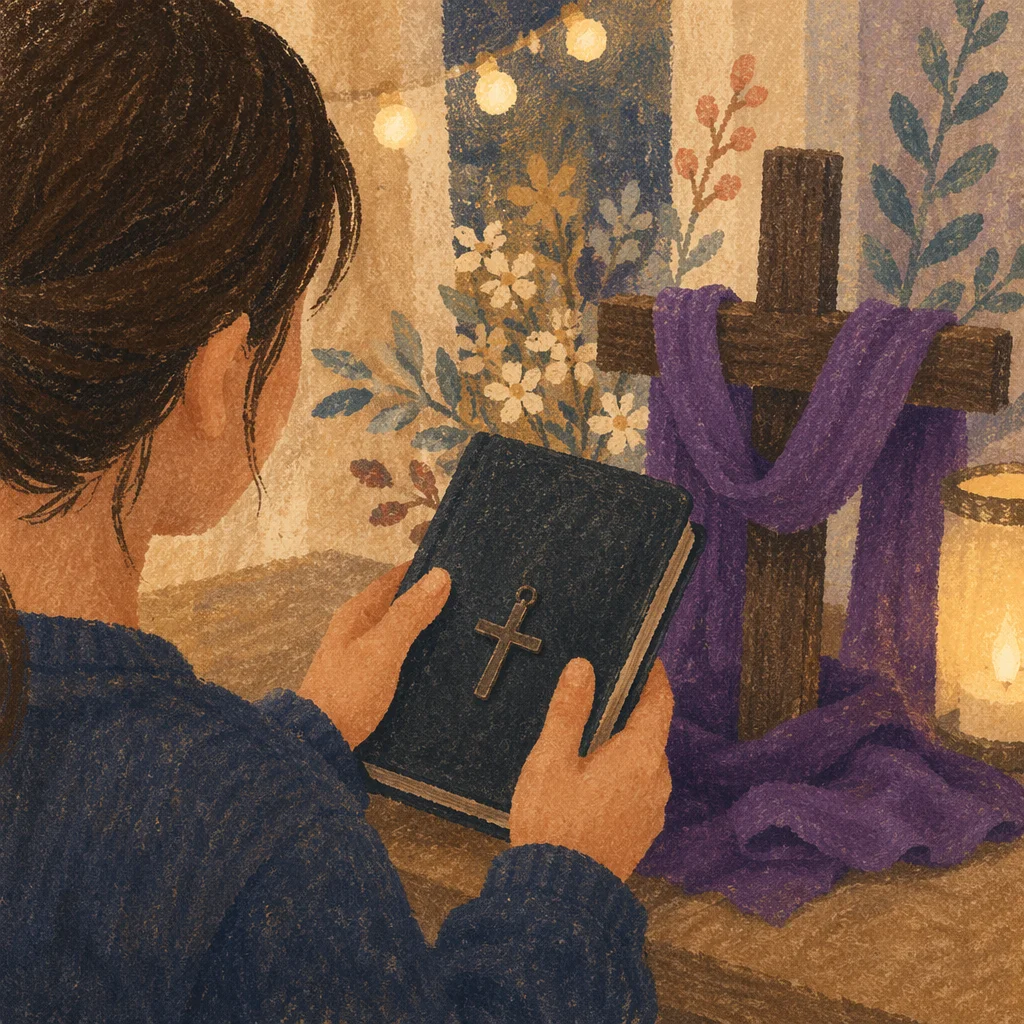 Hands Holding Devotional Book with Cross