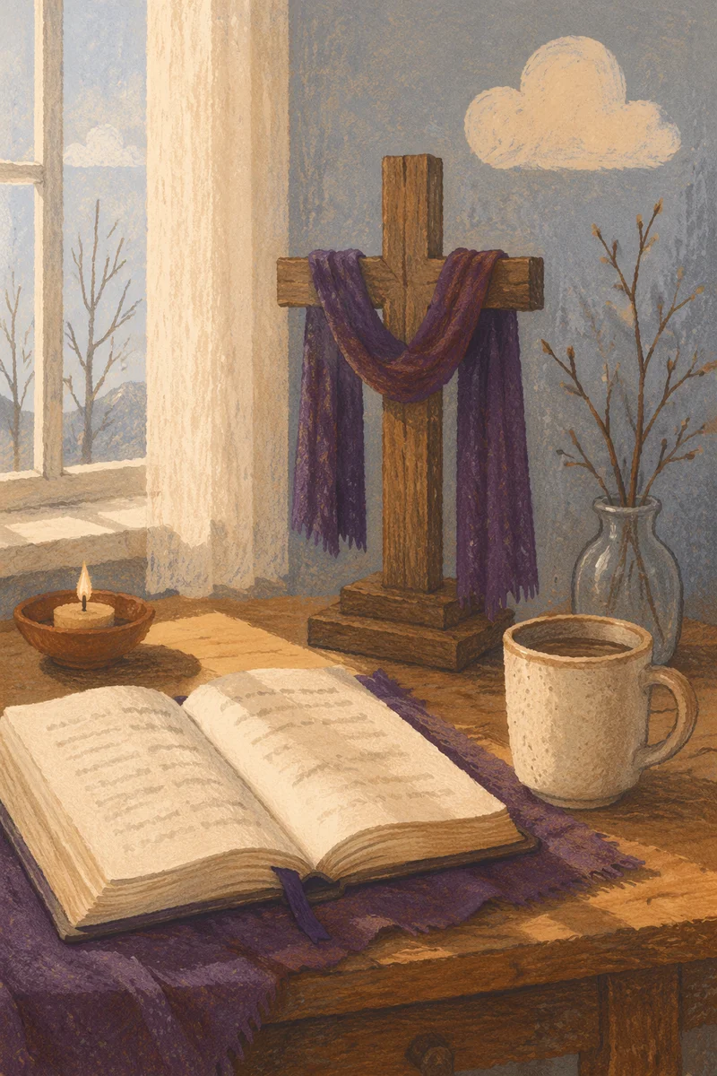 Open Devotional Book with Wooden Cross