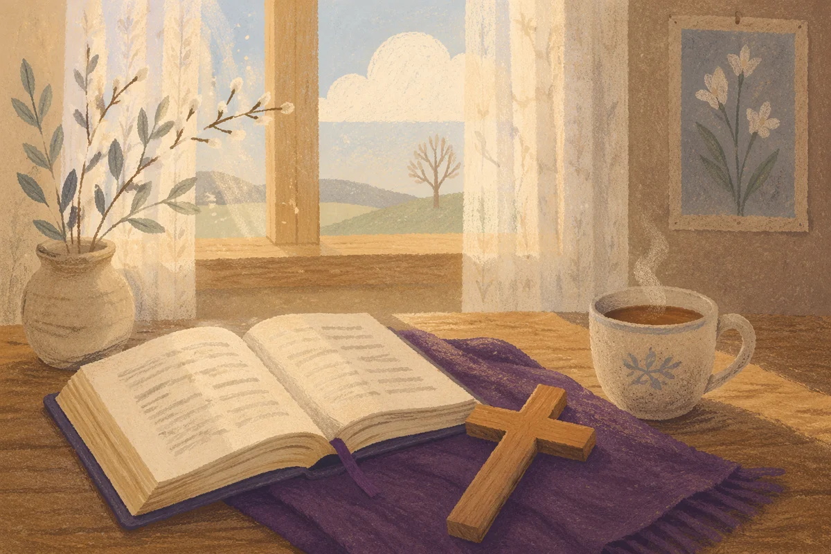 Open Devotional Book with Wooden Cross