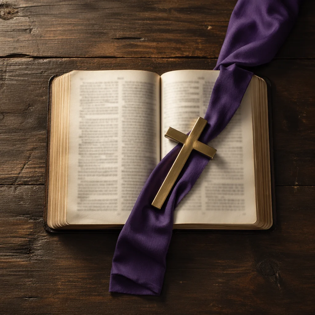 Open Devotional Book with Brass Cross