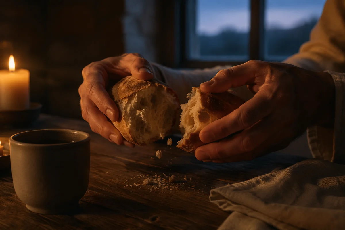 Hands Breaking Communion Bread at Dusk