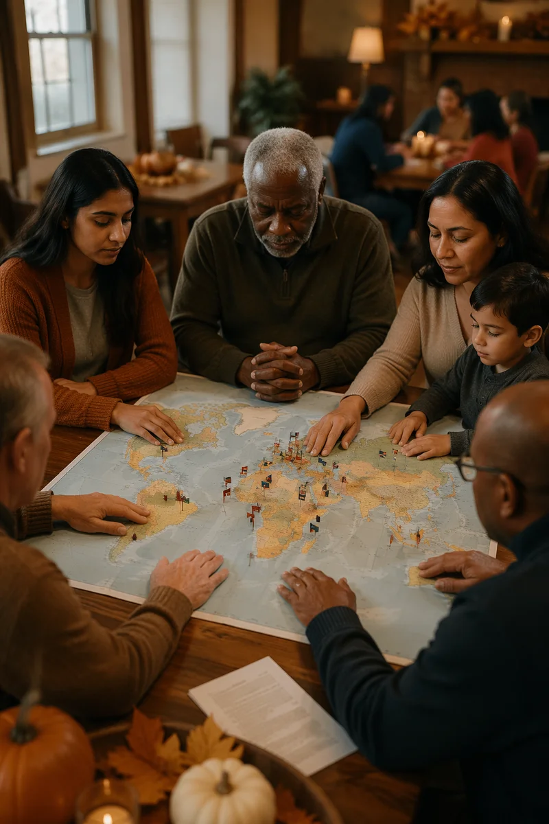 Group Praying Around World Map Table
