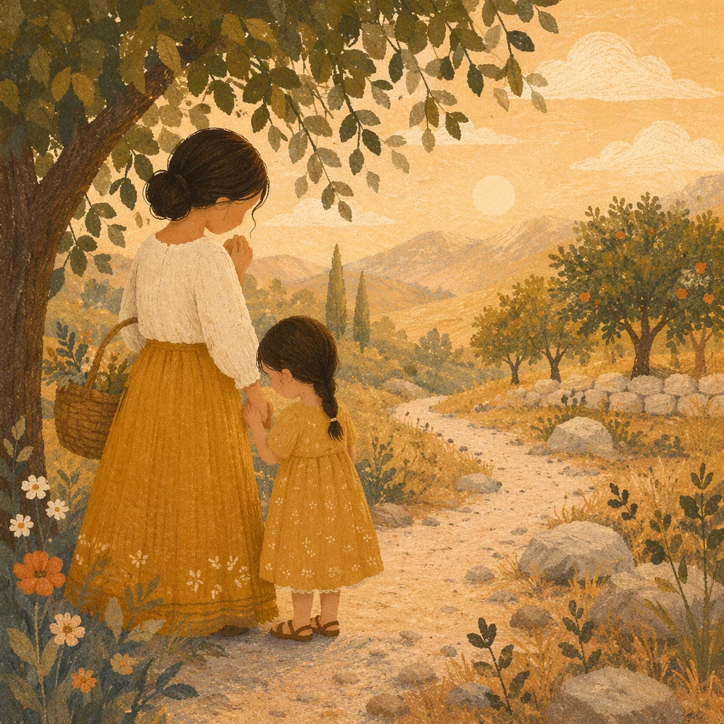 Mother and Child Praying at Golden Hour