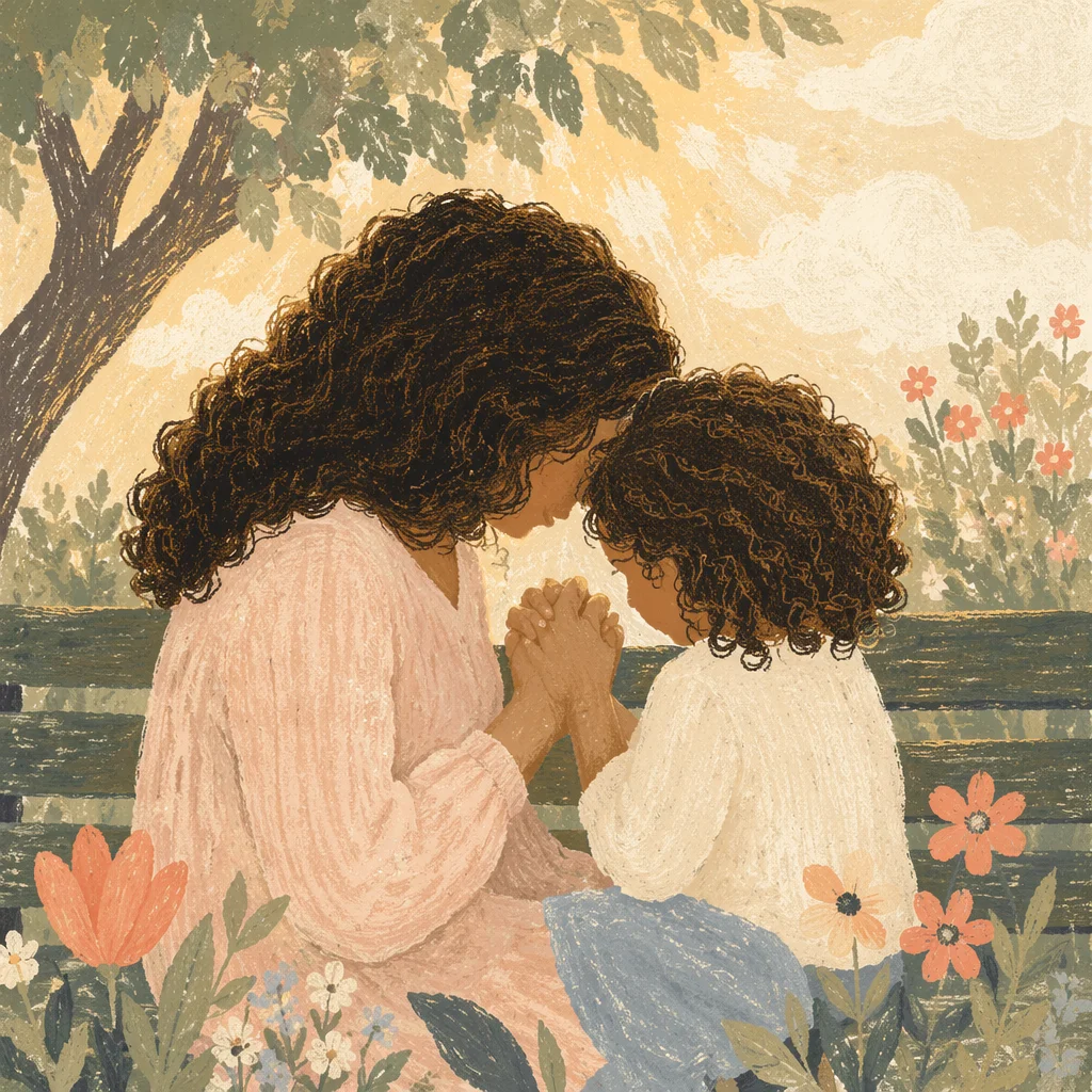 Mother and Child Praying in Spring Garden