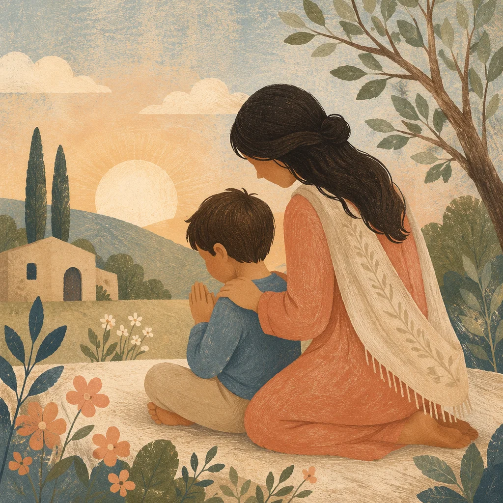 Mother and Child Praying in Spring Light