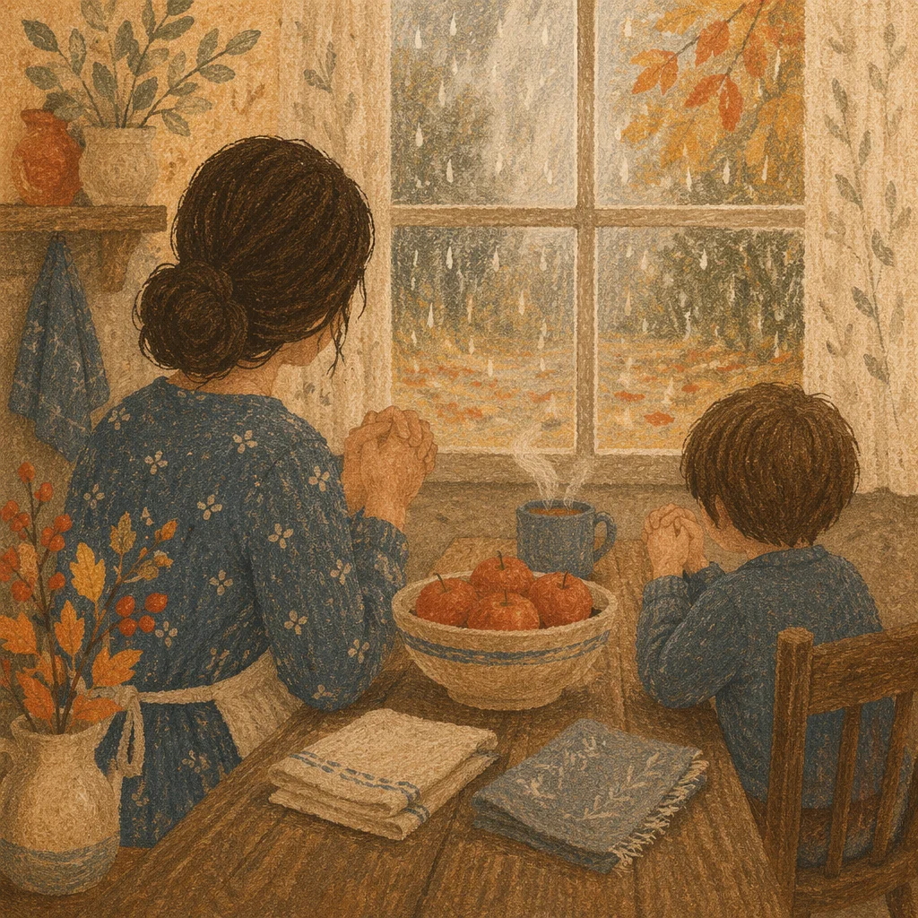 Mother and Child Praying on Autumn Morning