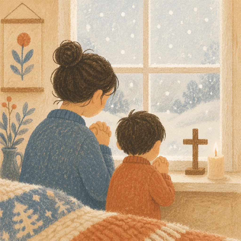 Mother and Child Praying by Frosted Window