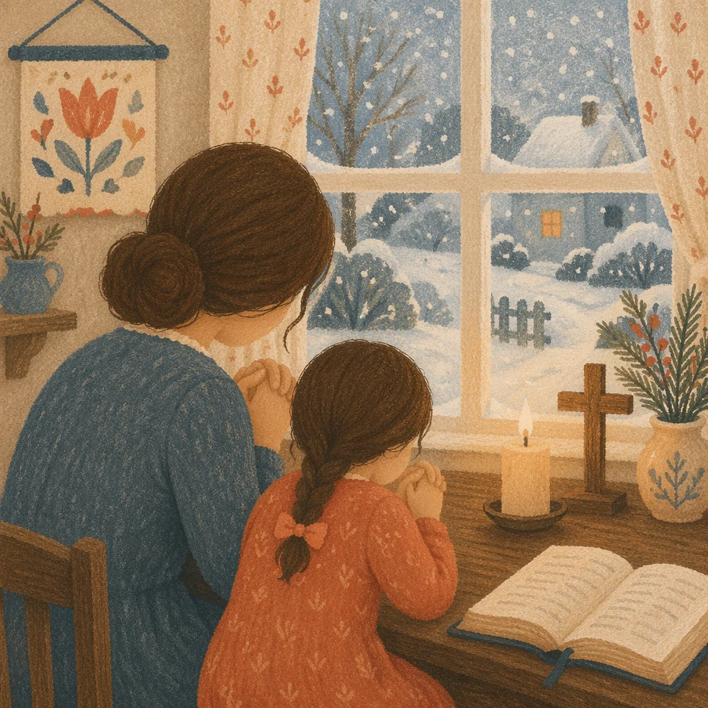 Mother and Child Praying by Winter Window