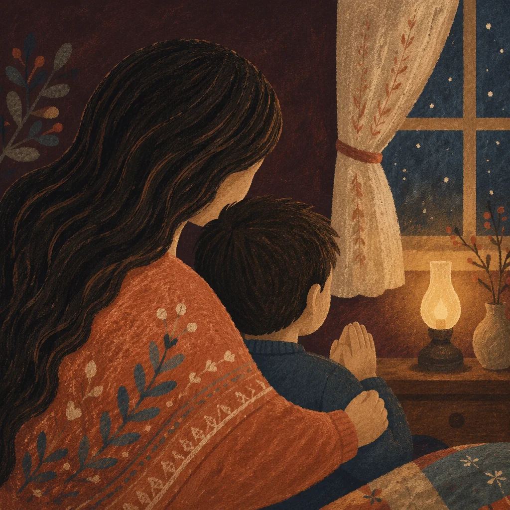 Mother and Child Praying in Winter Light