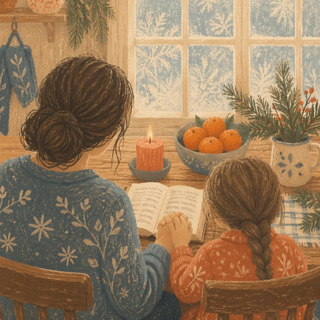 Mother and Child Praying in Winter Light