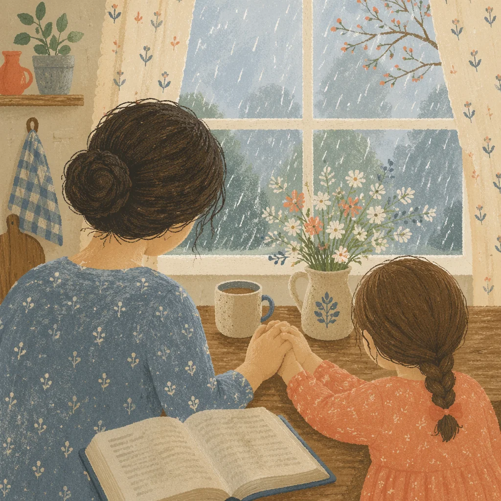 Mother and Child Praying in Spring Light