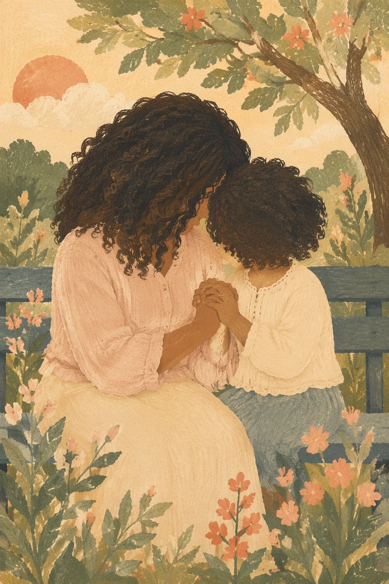 Mother and Child Praying in Spring Garden
