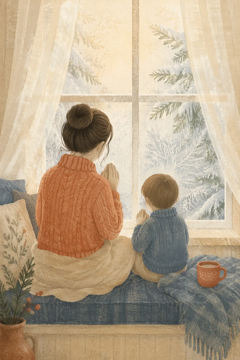Mother and Child Prayer by Winter Window