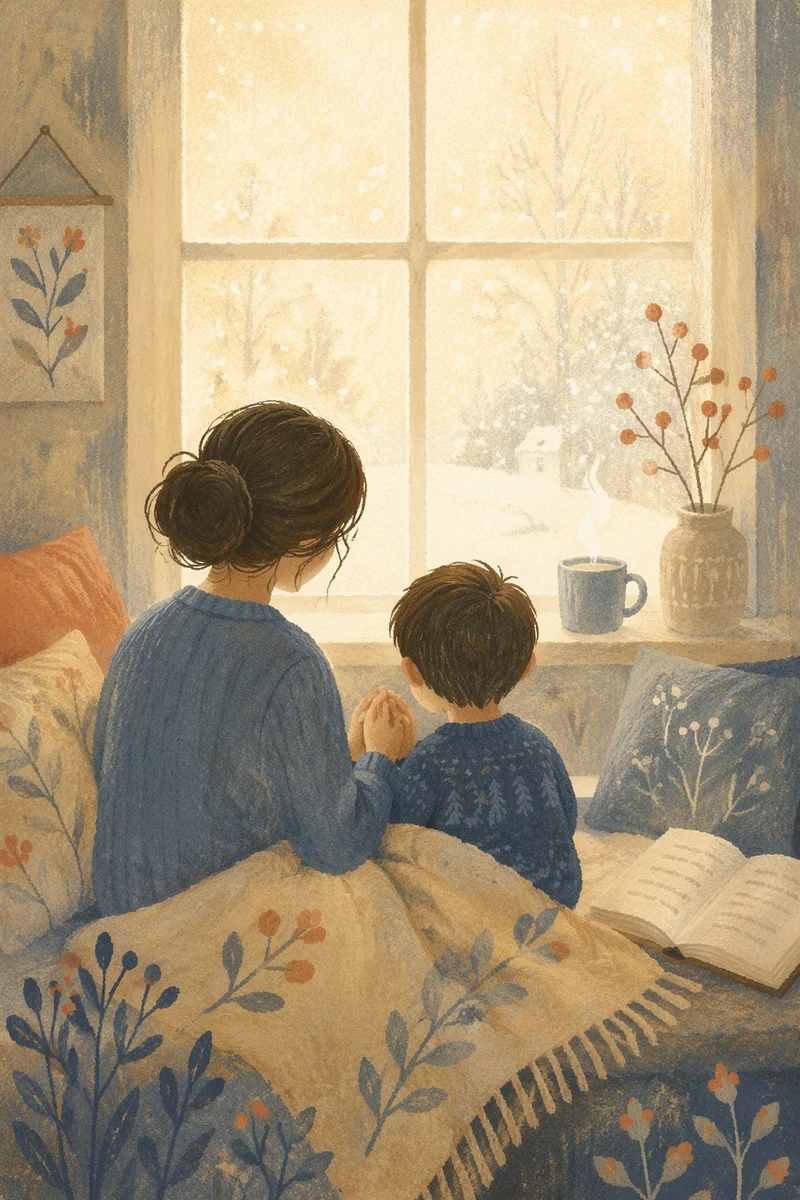 Mother and Child Praying by Winter Window