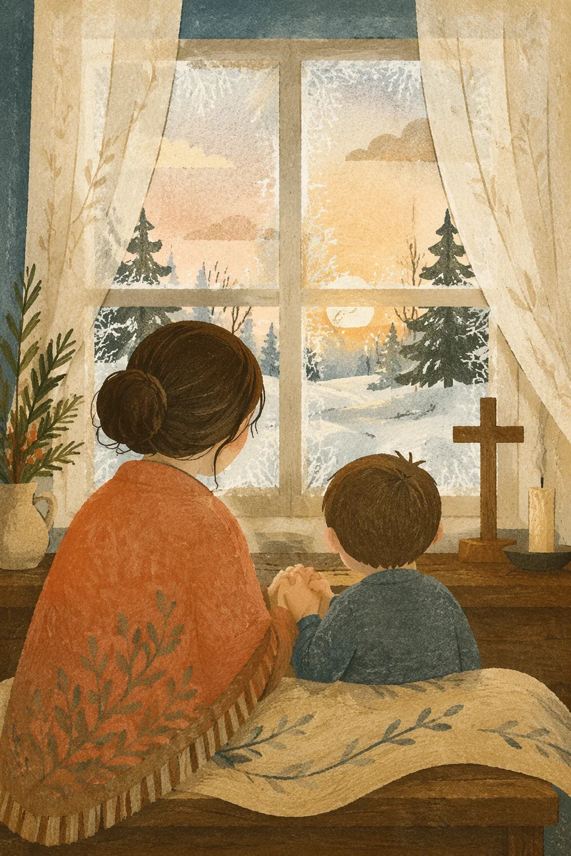 Mother and Child Praying by Winter Window