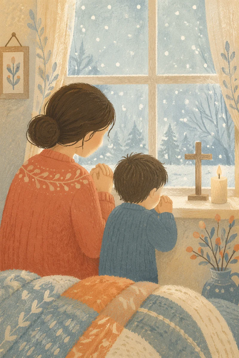 Mother and Child Praying by Frosted Window