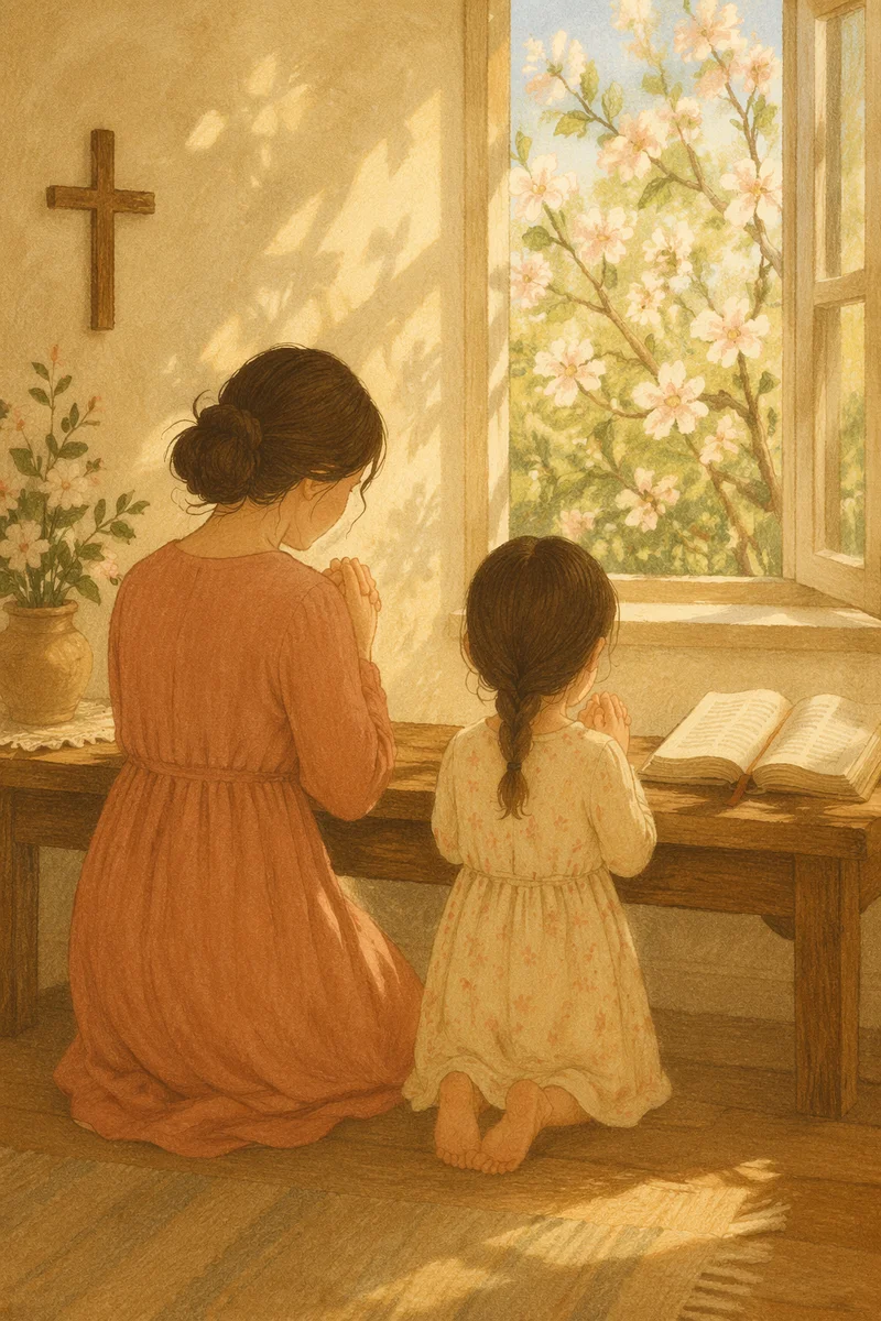 Mother and Child Praying in Spring Light