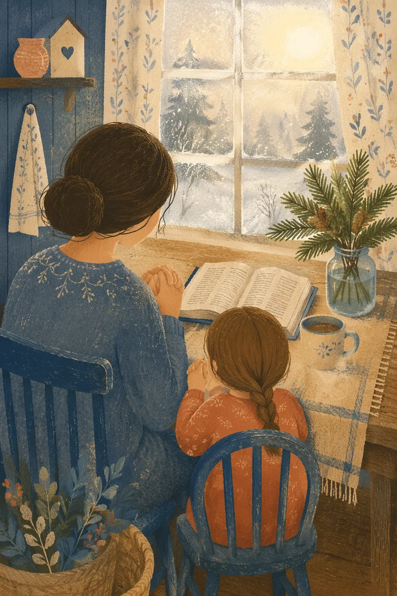 Mother and Child Praying on Winter Morning