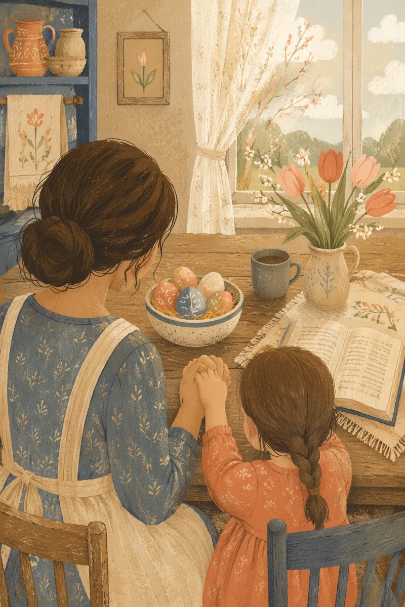 Mother and Child Praying in Spring Light