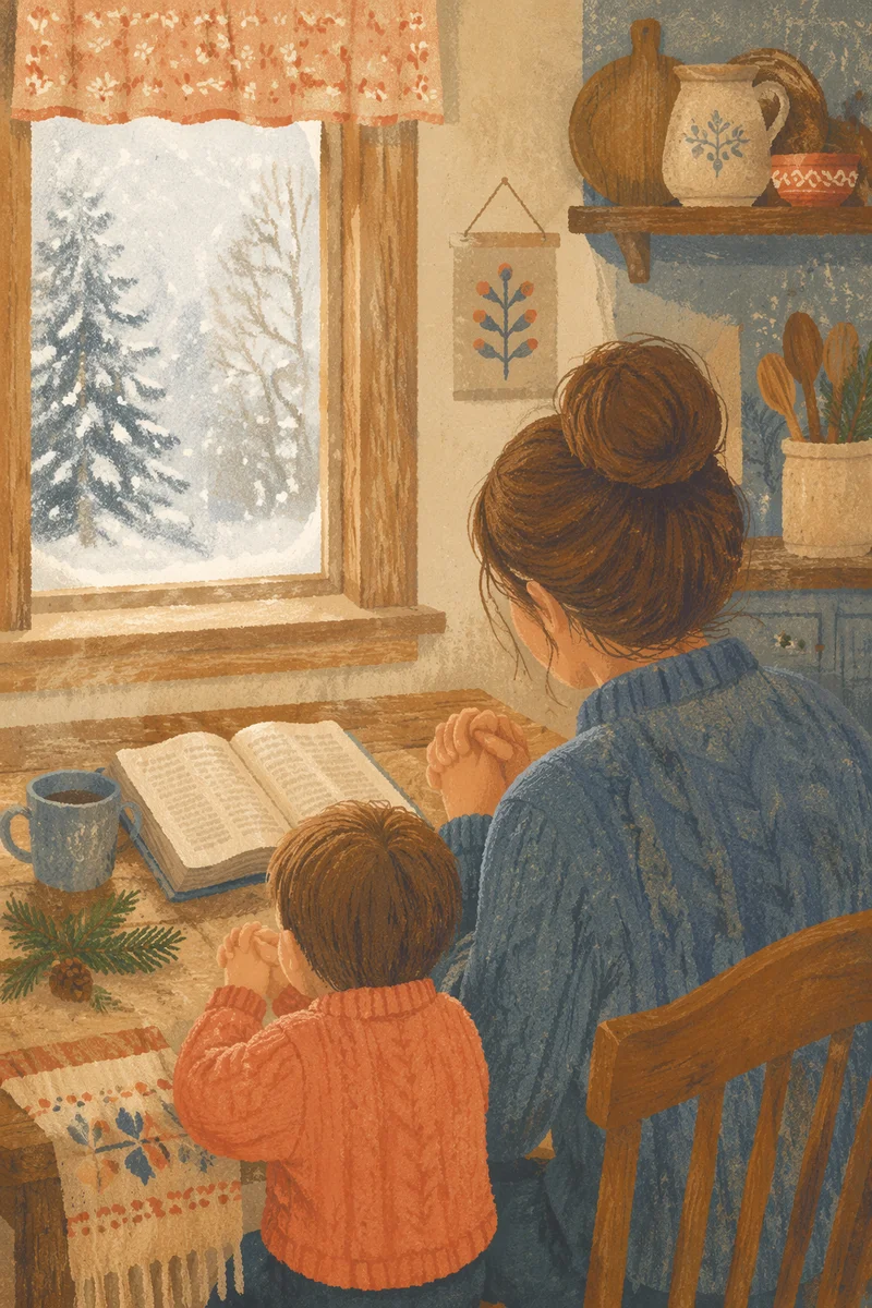 Mother and Child Praying in Winter Light